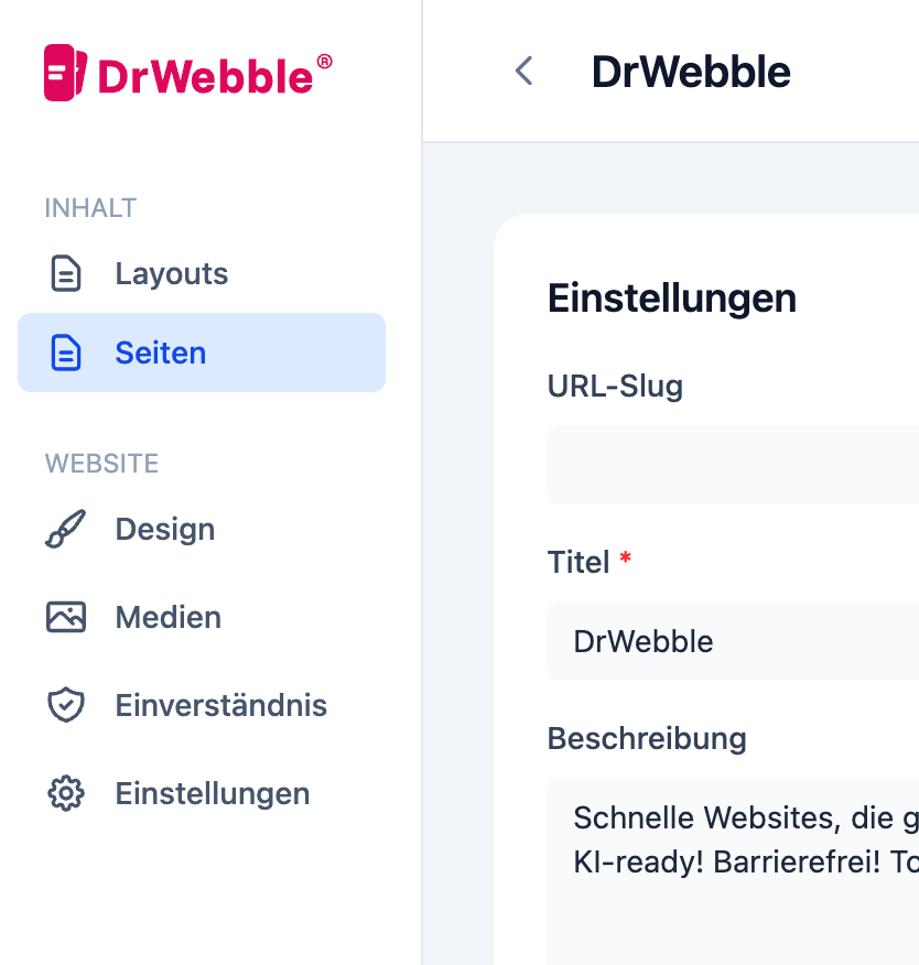 DrWebble CMS Oberfläche