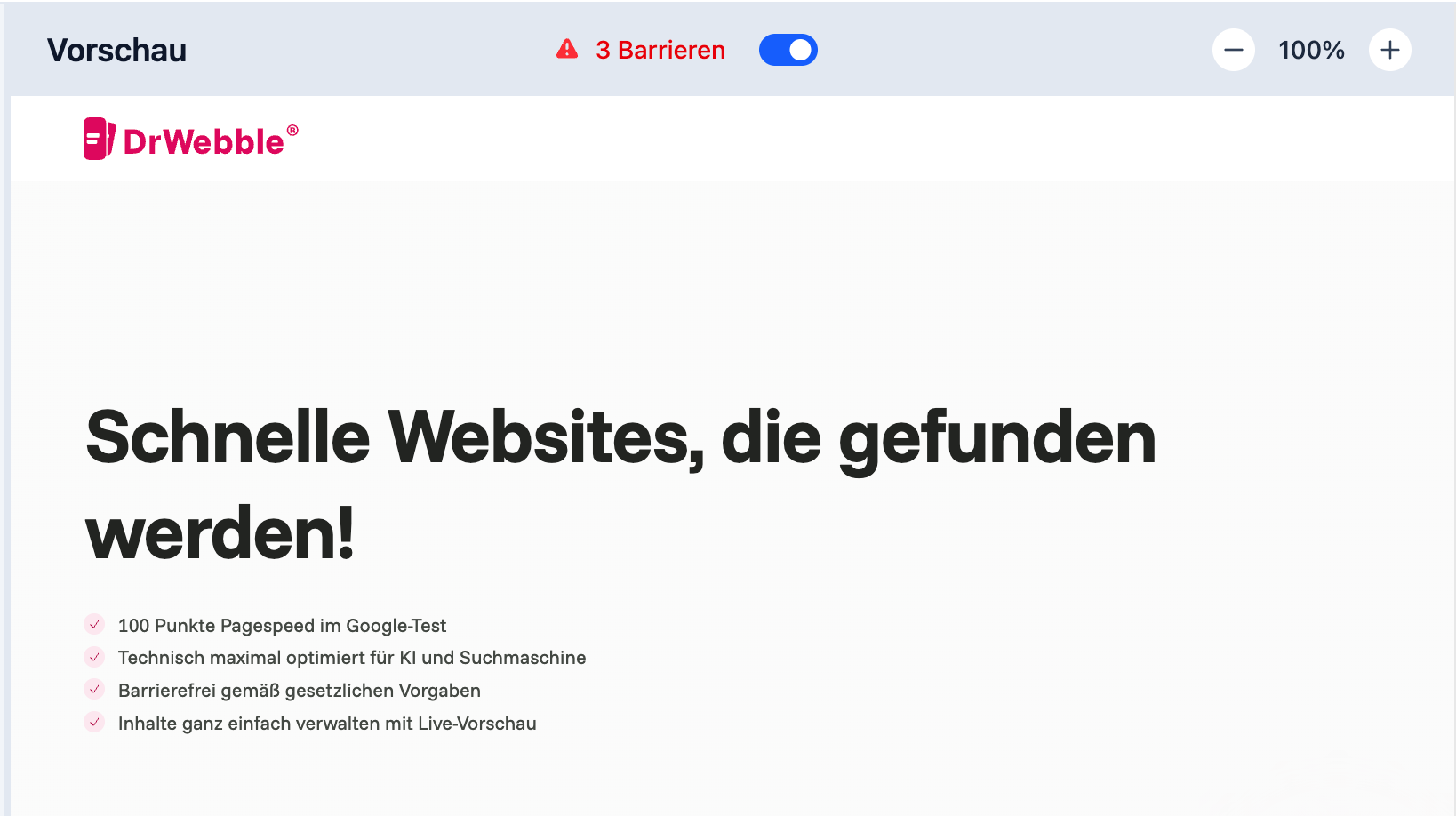 Barrierefreiheits-Fehlermeldung im visuellen Editor des DrWebble CMS