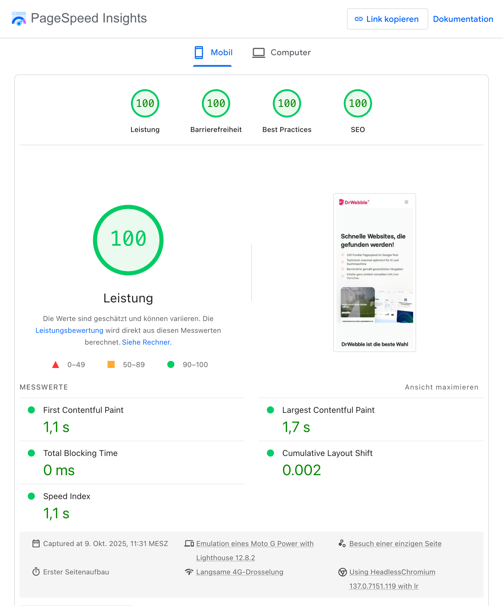 Pagespeed Test zeigt 100 Punkte in allen Kategorien